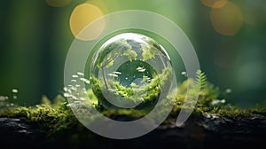 Earth Day, the environment, and a green globe nestled in a forest adorned with moss, defocused abstract sunlight to