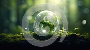 Earth Day, the environment, and a green globe nestled in a forest adorned with moss, defocused abstract sunlight to