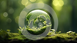 Earth Day, the environment, and a green globe nestled in a forest adorned with moss, defocused abstract sunlight to