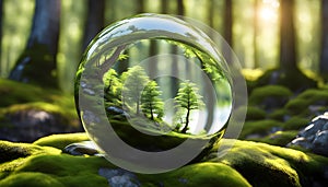 Earth Day - Environment - mirror glass globe in forest with moss and defocused abstract sunlight and water,