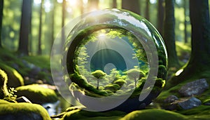 Earth Day - Environment - mirror glass globe in forest with moss and defocused abstract sunlight and water,