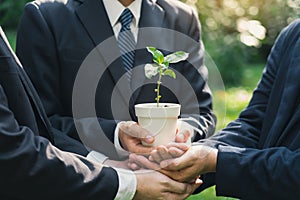 Earth Day Environmental, Business hands holding a plant pot with green plants in the ground together symbolizes green business