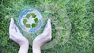 Earth Day.Female hand holding globe and sign of recycling on green grass background. Ecology and environment conservation.Earth da