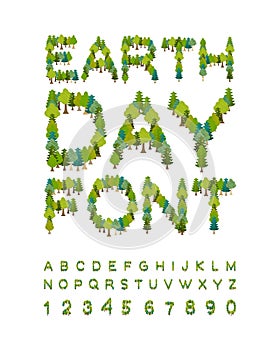 Earth Day Font. forest alphabet. Letters from Tree. International Nature Festival. eco ABC