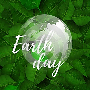 Earth day with globe icon lettering on the dark green leves background. Vector illustration. EPS 10.