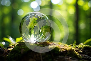 Earth Day. Green Globe in Forest with Moss, Abstract Sunlight - Environmental Concept