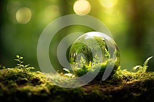 Earth day - green globe in forest with moss and defocused abstract sunlight - environment concept