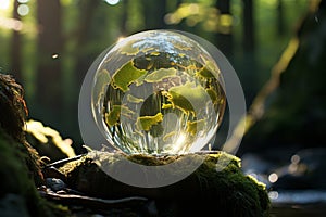 Earth Day. Green Globe in Forest with Moss, Defocused Abstract Sunlight - Environmental Concept