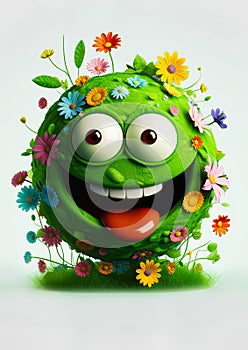 Earth Day. Green planet earth with eyes and mouth, Happy and smiling. Covered in plants and flowers. Ai generative