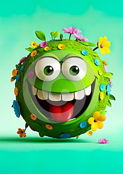 Earth Day. Green planet earth with eyes and mouth, Happy and smiling. Covered in plants and flowers. Ai generative