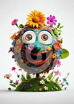 Earth Day. Green planet earth with eyes and mouth, Happy and smiling. Covered in plants and flowers. Ai generative