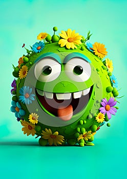 Earth Day. Green planet earth with eyes and mouth, Happy and smiling. Covered in plants and flowers. Ai generative