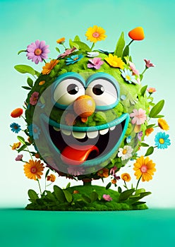 Earth Day. Green planet earth with eyes and mouth, Happy and smiling. Covered in plants and flowers. Ai generative