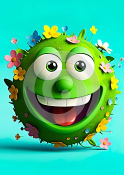 Earth Day. Green planet earth with eyes and mouth, Happy and smiling. Covered in plants and flowers. Ai generative