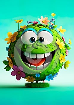 Earth Day. Green planet earth with eyes and mouth, Happy and smiling. Covered in plants and flowers. Ai generative