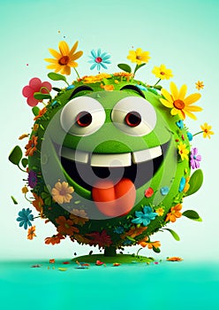 Earth Day. Green planet earth with eyes and mouth, Happy and smiling. Covered in plants and flowers. Ai generative