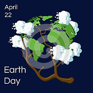 Earth Day greeting card. Cartoon Earth globe shown as a tree with leaves as continents and clouds around.