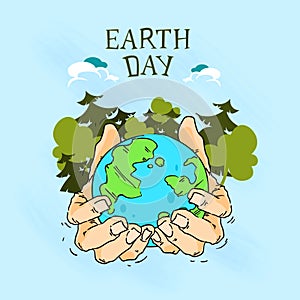 Earth Day Hands Hold Globe With Trees Forest Sketch