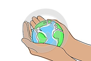 Earth Day. Hands holding planet earth. Earth saving concept