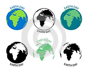 Earth day. Happy Earth day. Environment world day. Planet logo with map. Flat poster for nature. Save ecology and ecosystem. Vecto