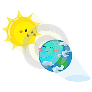 Earth day, happy sun heats earth with its yellow warm rays, ecology concept of love the world, green and blue globe