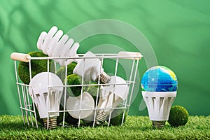 Earth Day. Home. Green planet concept. LED bulbs