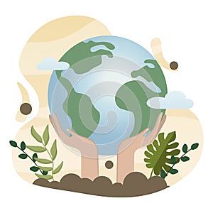 Earth Day illustration. Earth, hands, plant. Editable vector graphic design.