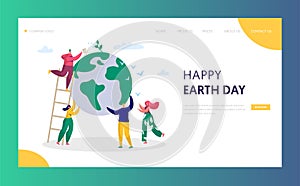 Earth Day Man Save Green Planet Environment Landing Page People of World Water Plant for Ecology Celebration Preparation