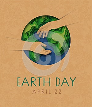 Earth Day paper cut hand help green planet card