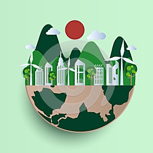 Earth Day paper cut style. Eco Friendly, green city nature and renewable energy concept.