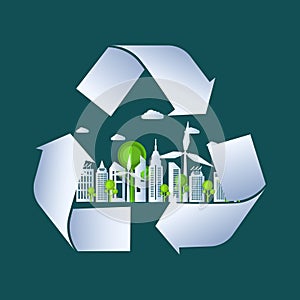 Earth Day paper cut style. Eco Friendly, green city nature and renewable energy in recycle sign concept.