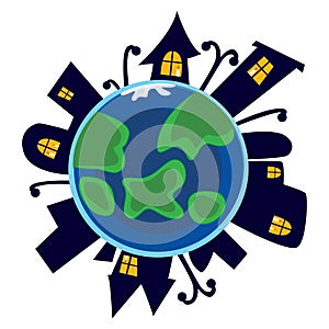 Earth day, planet sleeps at night with city houses with luminous yellow windows, ecology world concept , green and blue