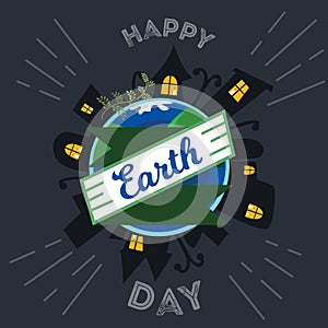 Earth day, planet sleeps at night with city houses with luminous yellow windows, ecology world concept , green and blue