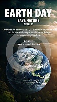 Earth Day poster with a blue and green planet with a forest in the background
