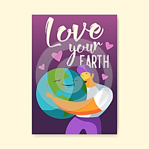 Earth Day Poster, Flyer, Brochure Template. Smiling Man Holding Happy Green Planet Banner. Environment Safety, Ecology