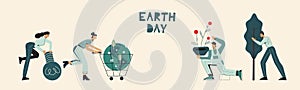 Earth day protect nature and ecology concept. People take care about planet. Globe with trees, plants, flowers and eco