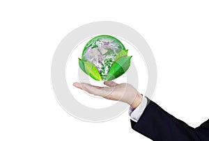 Earth day, Protect the world with environment and Eco-friendly business. Businessman hand holding globe with leaves,  on w
