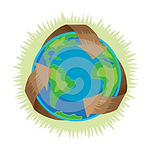 Earth day, recycle symbol around green planet, recycling concept blue globe protection, global eco save nature vector