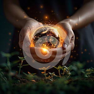 Earth day reflection Hands present globe, symbolizing energy consumption awareness at night