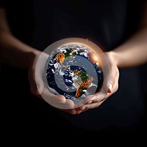 Earth day reflection Hands present globe, symbolizing energy consumption awareness at night