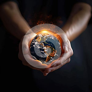 Earth day reflection Hands present globe, symbolizing energy consumption awareness at night