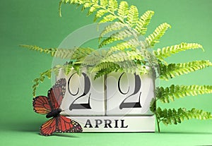 Earth Day, save the date white block calendar, April 22 - green theme.