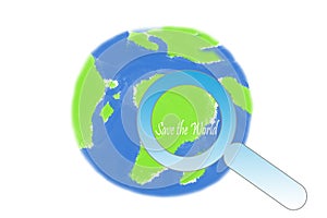 Earth day - save the world magnifying glass and earth globe