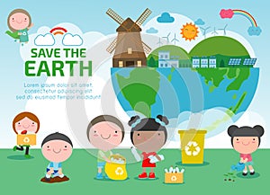 Earth Day, save the world, save planet, ecology concept, cute kid cartoon character isolated on white background vector illustrati photo