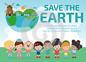 Earth Day, save the world, save planet, ecology concept, cute kid cartoon character isolated on white background vector illustrati