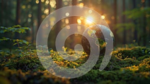 An Earth Day scene featuring a green globe in a forest with moss and soft abstract sunlight