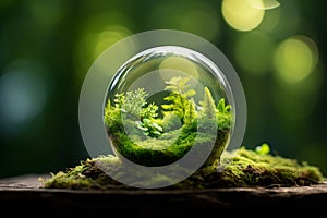Earth Day. Serene Green Globe in Forest Surrounded by Lush Moss and Gentle Defocused Sunlight