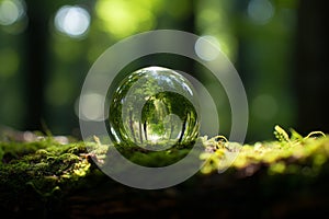 Earth Day. Serene Green Globe Nestled in Lush Mossy Forest with Gently Filtered Sunlight