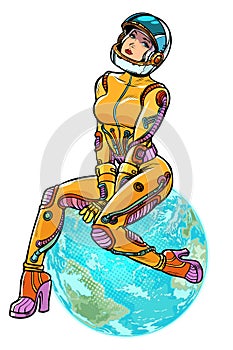 Earth day. sexy beautiful woman astronaut isolate on white background