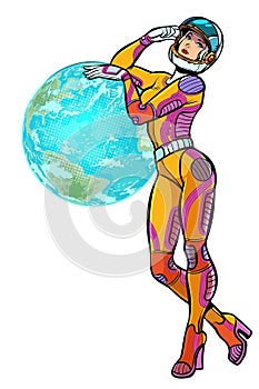 Earth day. sexy beautiful woman astronaut isolate on white background photo